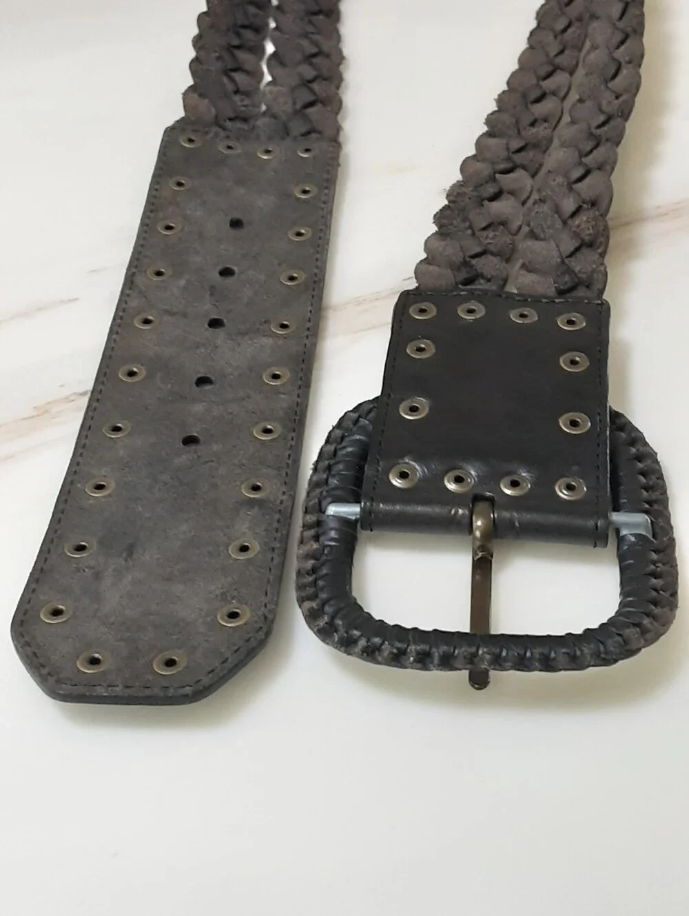 FOSSIL Black Studded Wide Woven Leather Belt Decorative Buckle Sz M - Y2K